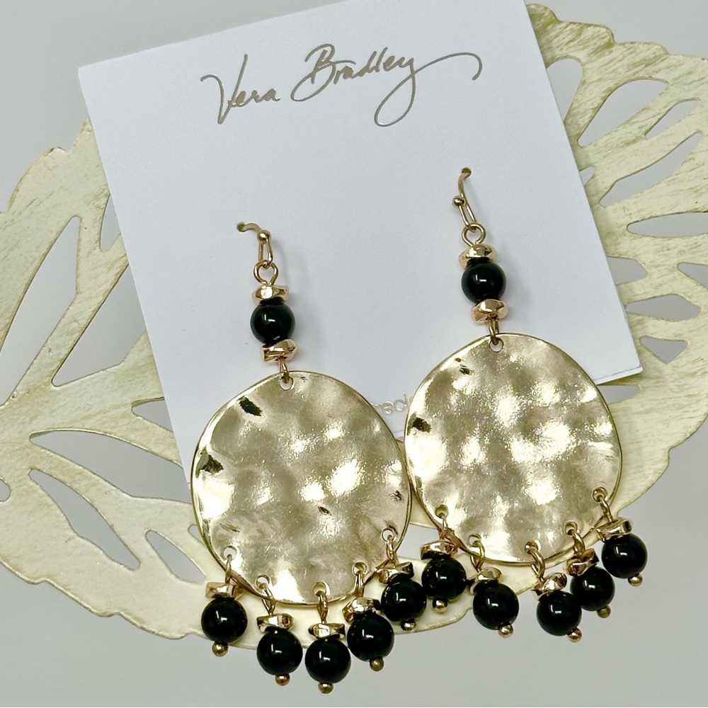 Vera Bradley Semi- Precious Black Stone Gold Tone Disk Dangle Earrings
